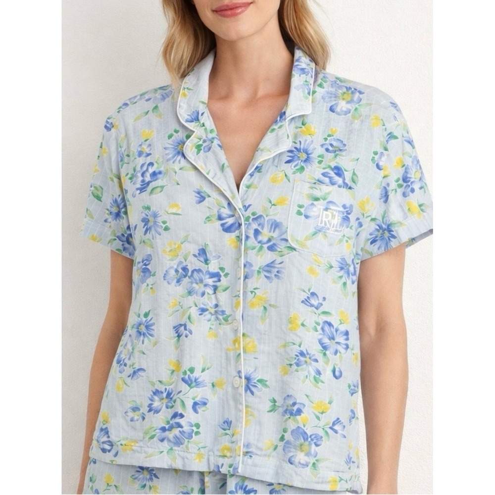 Lauren Ralph Lauren Pajama Top Blue Floral Short Sleeve Large
